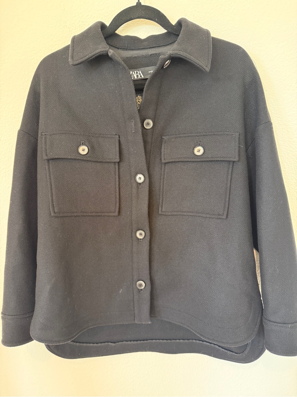 Zara Manteco wool-blend oversized shacket in black, women's XS.